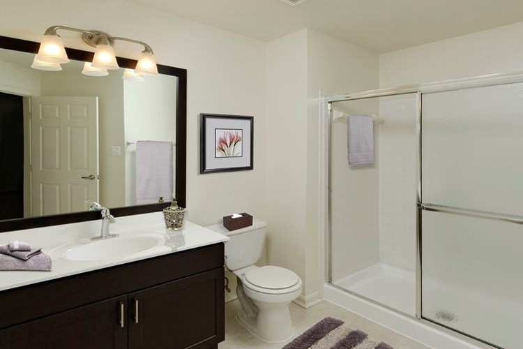 Renovated Package III bath with espresso cabinetry, white countertops, and vinyl tile flooring
