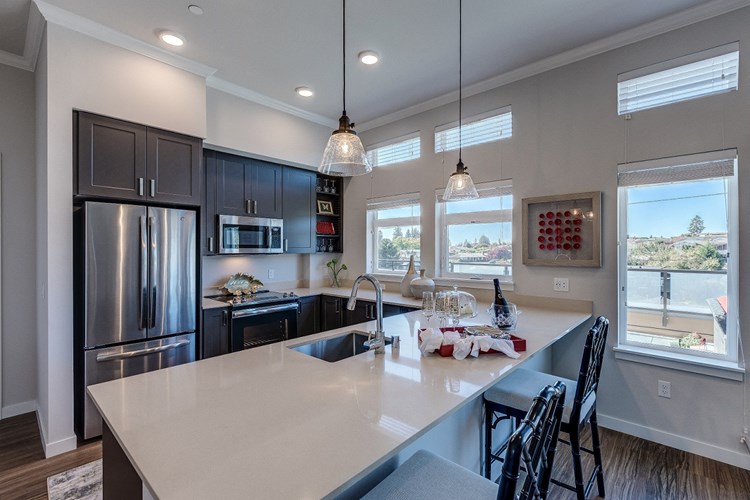 Lux Apartments offers spacious kitchens with dark walnut or arctic white cabinet finishes, stainless steel appliances, inset/undermount sinks, and quartz countertops
