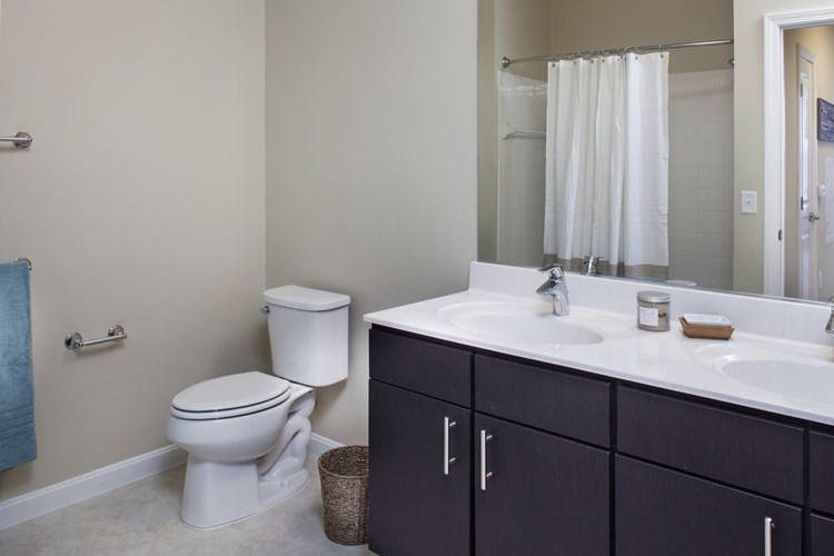 Classic Package I bath with white porcelain countertops, dark cabinetry, and hard surface flooring