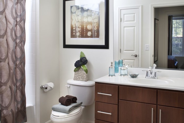 Classic Package II bath with dark oak cabinetry, white laminate countertops, and hard surface flooring