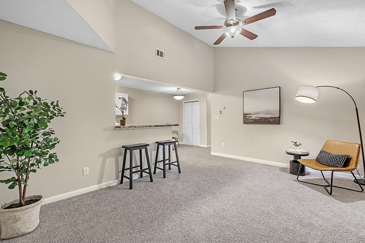 Spacious, open living rooms featuring plush carpeting and a ceiling fan. 