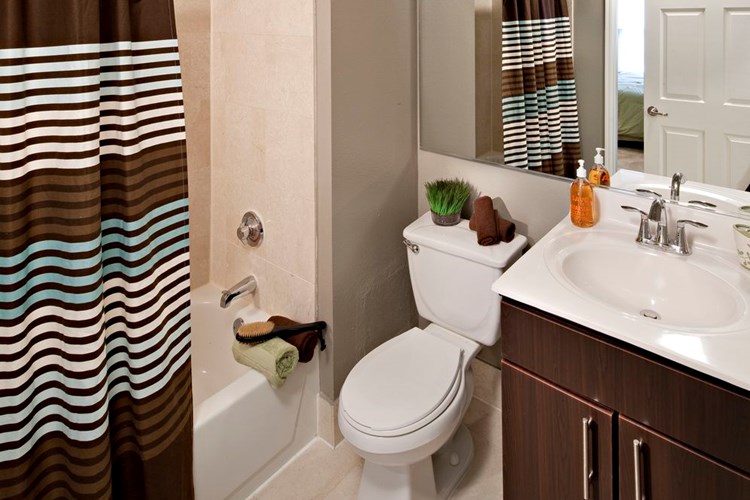 Classic Package I bath with espresso cabinetry, beige laminate countertop, and hard surface plank or vinyl tile flooring