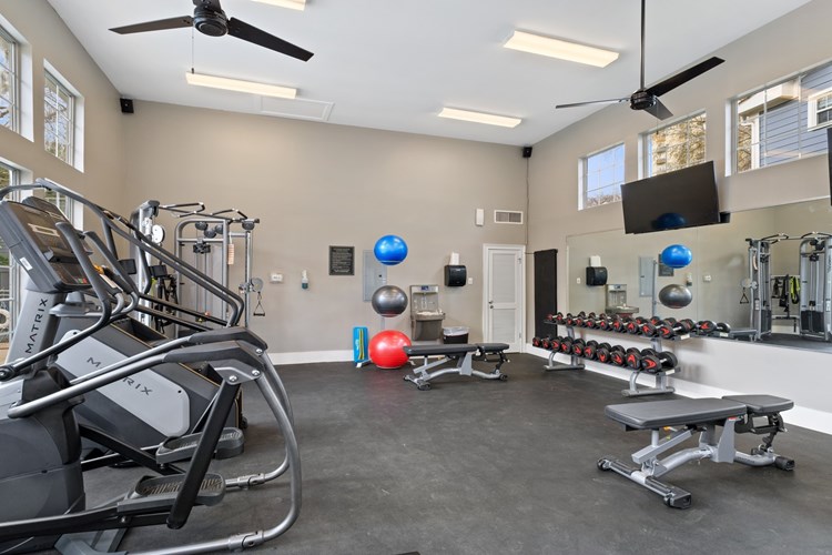 Fitness center is fully equipped with machines and free weights