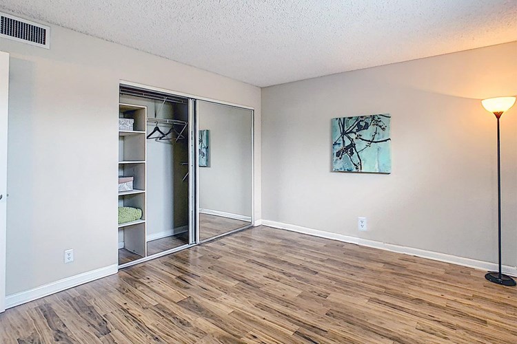 Spacious bedrooms featuring wood-style flooring, and large closets with built-in organizers.