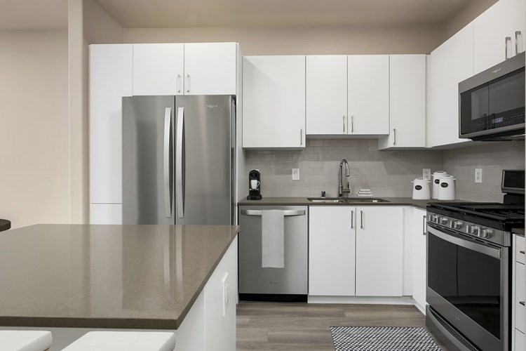 Renovated Package I kitchen with quartz countertops, white cabinetry, stainless steel appliances, hard surface vinyl plank flooring, and tile backsplash