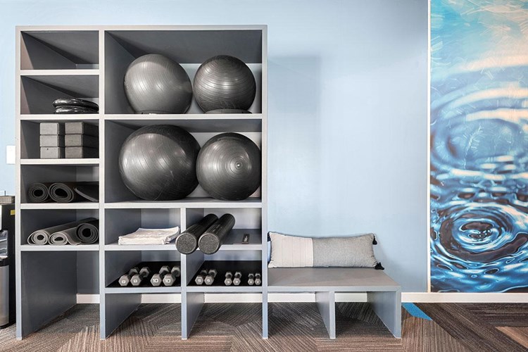 Our fitness center features weights, mats, and exercise balls.