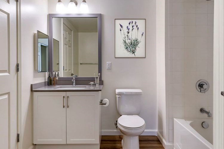 Renovated II bath with grey quartz countertops, white cabinetry, and hard surface flooring