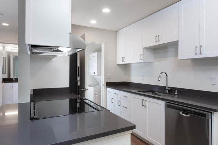 Kitchen with white cabinetry, stainless steel appliances, dark grey countertops and hard surface flooring