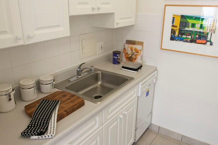 Studio apartment kitchen with large stainless steel sink, dishwasher and white cabinets