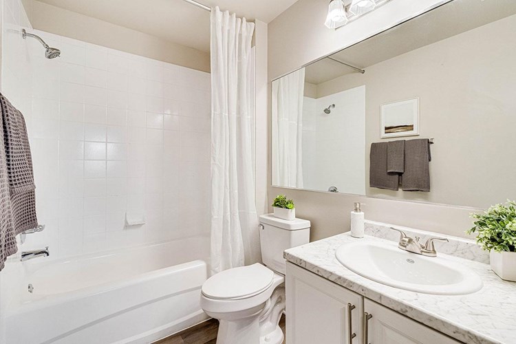 Bathrooms feature large mirrors, and wood-style flooring.