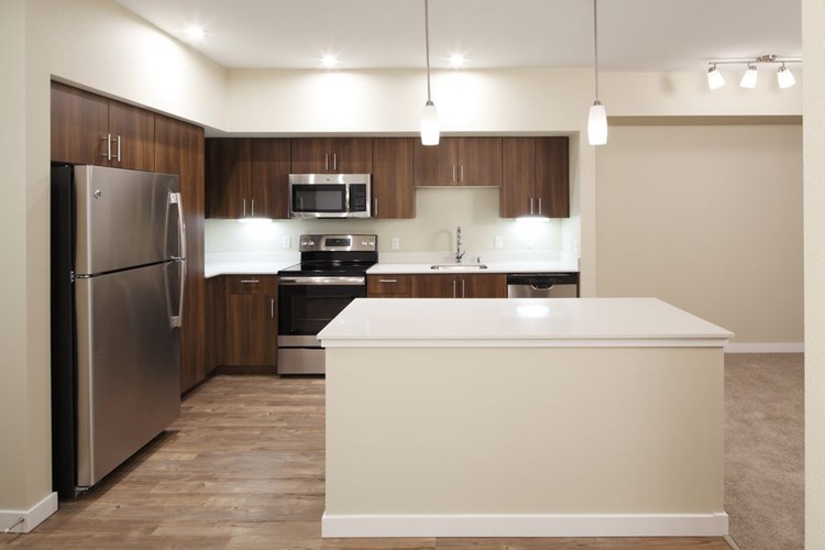 Phase I - Scheme A Kitchen with dark cabinetry, stainless appliances, white quartz countertops, and hard surface flooring