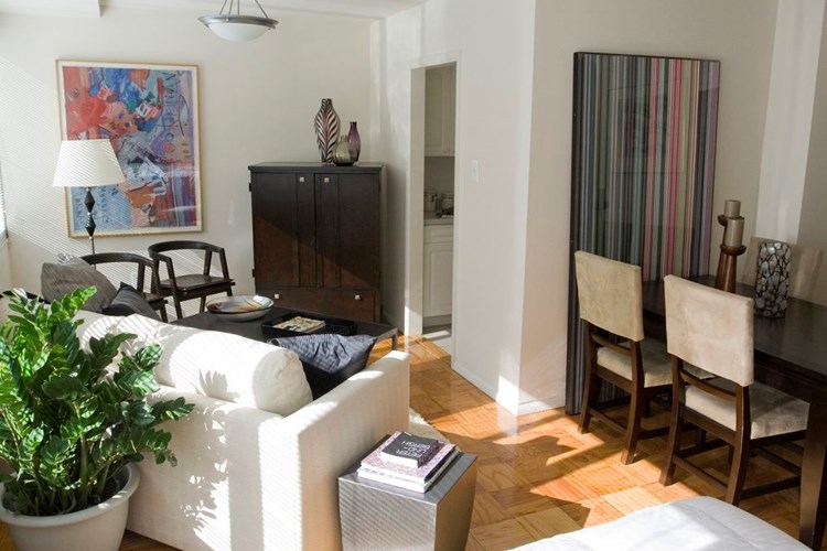 View of the model studio apartment with the living room area and separate dining room area