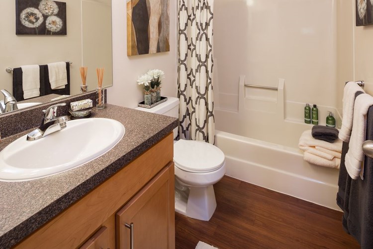 Classic Package bathroom with black speckled laminate countertops, maple cabinetry and hard surface flooring