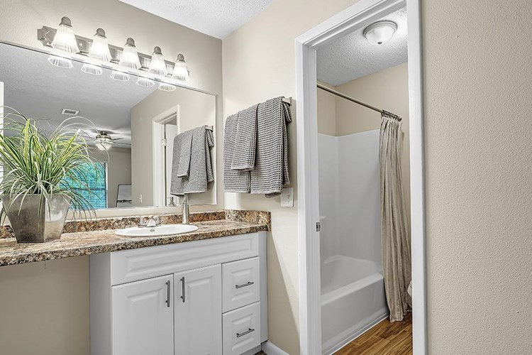 You'll love your spacious master bathrooms featuring granite-style countertops, wood-style flooring, and large mirrors. 