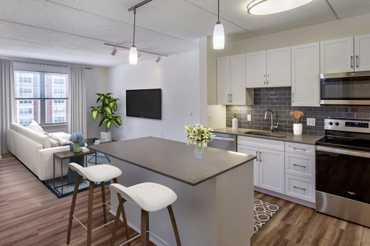 Renovated Package II kitchen with grey quartz countertops, white shaker cabinetry, stainless steel appliances, grey tile backsplash, and hard surface flooring throughout