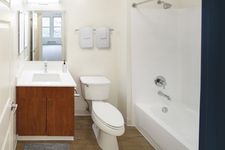 Renovated Package I bath with white quartz countertops, oak cabinetry, and hard surface flooring