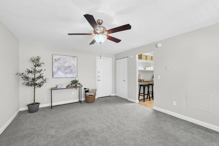 Living area features a ceiling fan and plush carpeting in select homes.