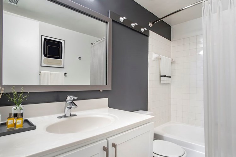 Renovated Package II bath with white countertops and cabinetry, accent wall, and hard surface flooring