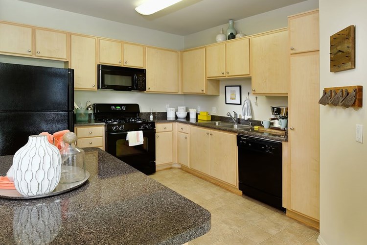 Classic Package I kitchen with laminate countertops, black appliances, light cabinetry, and tile flooring