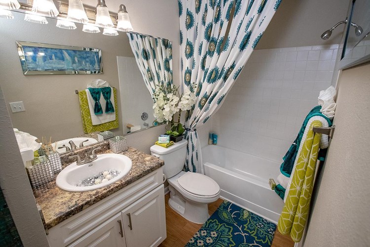 Newly renovated bathrooms featuring wood-style flooring, granite-style countertops, and large mirrors. 