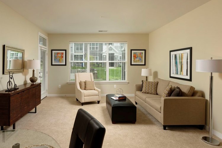 Living area with carpeted flooring