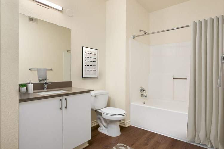 Renovated Package I bath with grey quartz countertops, white flat cabinetry, and hard surface flooring