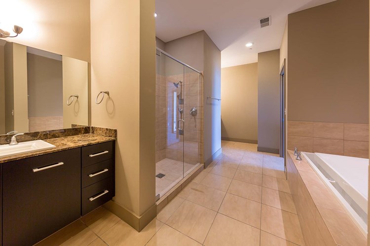 Large bathroom with dual vanities