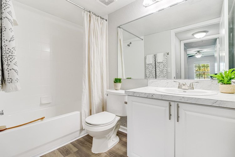 Updated bathrooms featuring wood-style flooring and large mirrors.