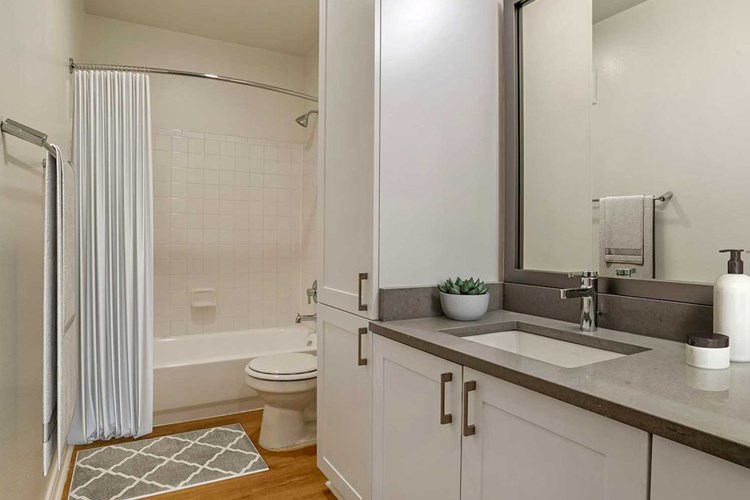 Renovated Package IV bath with white cabinetry, grey quartz countertops, and hard surface plank flooring