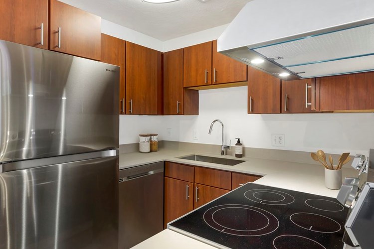 Renovated Package III kitchen with stainless steel appliances, grey quartz countertops, white or cherry cabinetry, and hard surface flooring