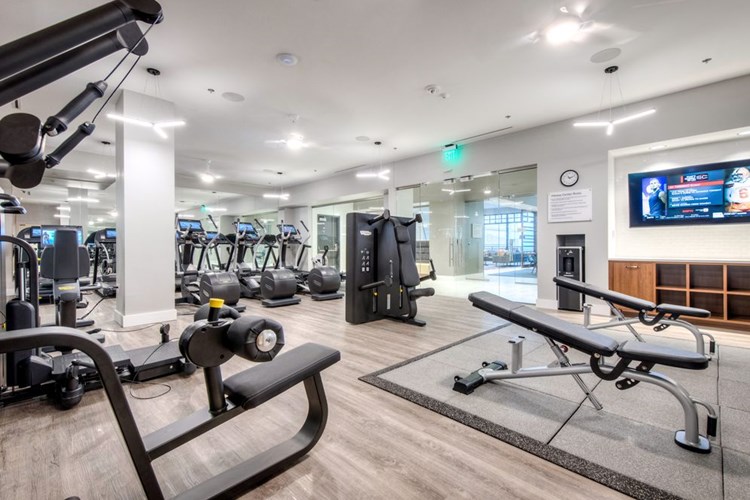 Fitness center with cardio equipment, strength equipment, and flat screen television