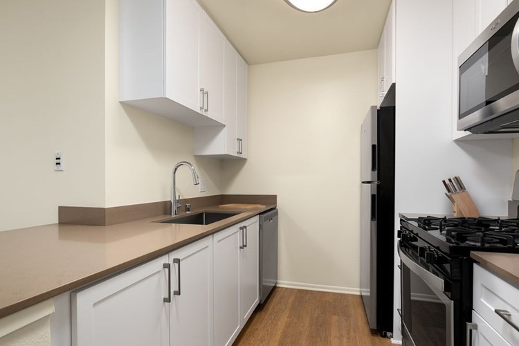 Renovated I kitchen with quartz countertops, stainless steel appliances, and hard surface flooring