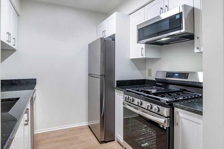 Renovated Package II kitchen with stainless steel appliances, dark speckled granite countertops, white cabinetry, and hard surface flooring