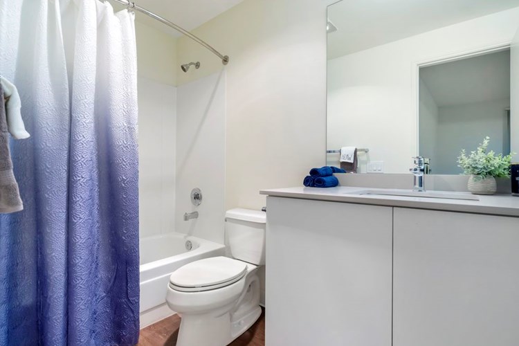 Renovated II bathroom with white cabinetry, grey quartz countertops, and hard surface flooring
