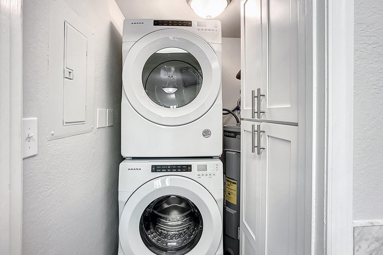 Select floor plans feature stackable washer and dryer appliances.