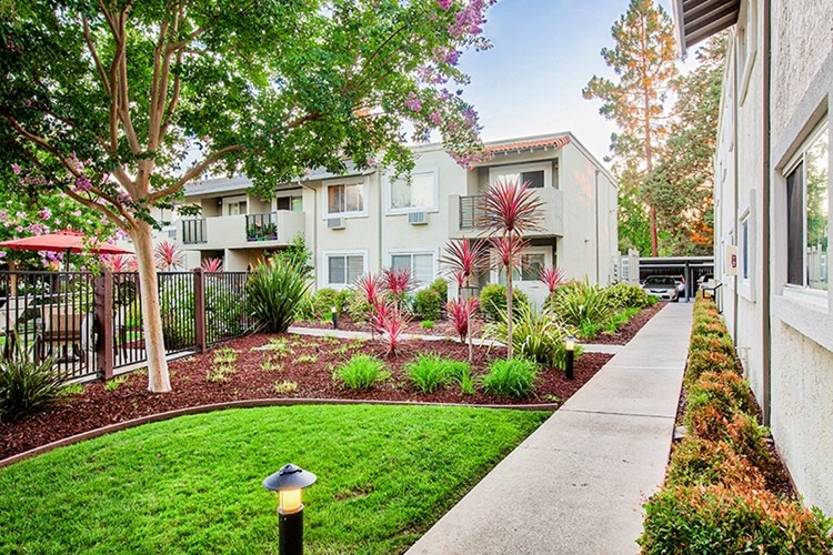 Beautiful landscaping at Pleasanton Place Apartment Homes