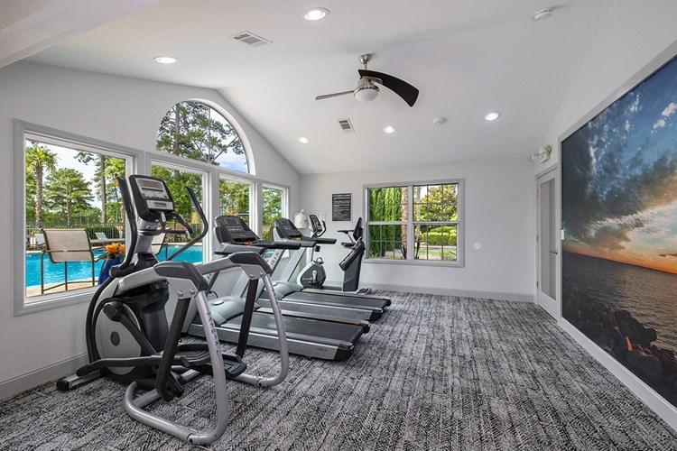 Our fitness center features cardio equipment including treadmills, an elliptical, and bike.