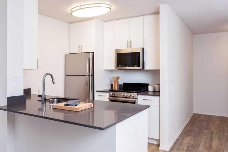 Renovated Package I kitchen with stainless steel appliances, dark grey quartz countertops, white cabinetry, and hard surface flooring