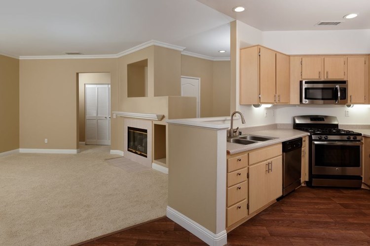 Kitchen and living room with hard surface flooring and carpet