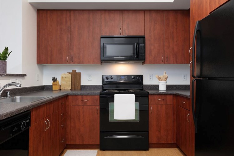 Classic Package I kitchen with black appliances, grey laminate countertops, cherry cabinetry, and hard surface flooring