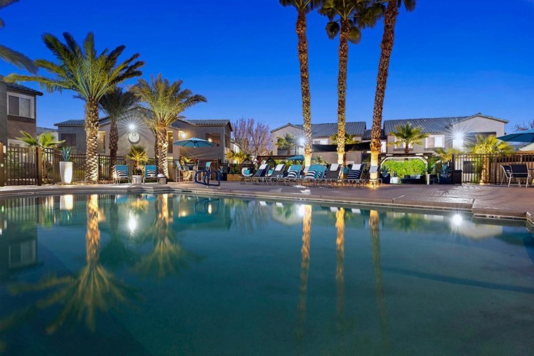 Enjoy peaceful views of our resort-style pool area at night.