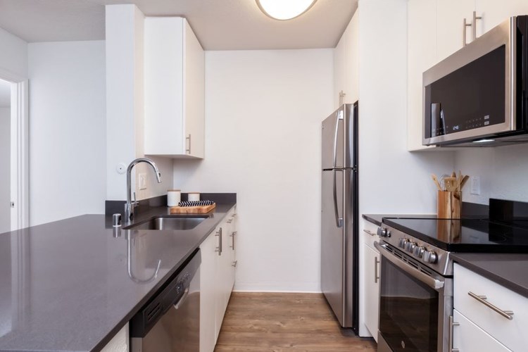 Renovated Package I kitchen with stainless steel appliances, dark grey quartz countertops, white cabinetry, and hard surface flooring
