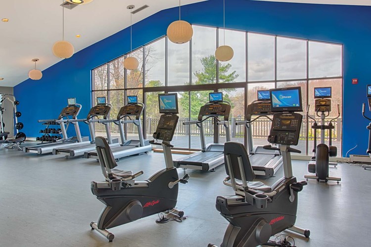 Fitness center features Life Fitness equipment with built-in TVs