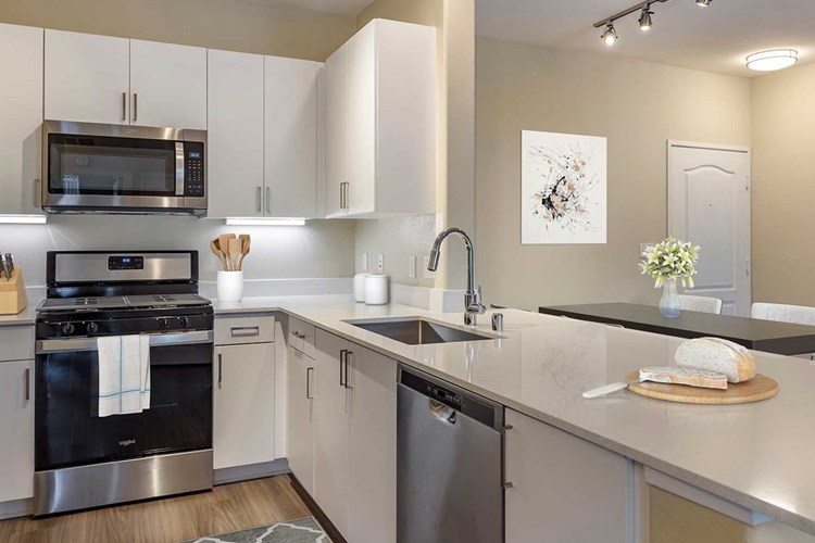Renovated Package I kitchens with light grey quartz countertops, new white cabinetry, stainless steel appliances, upgraded fixtures, and hard surface flooring throughout