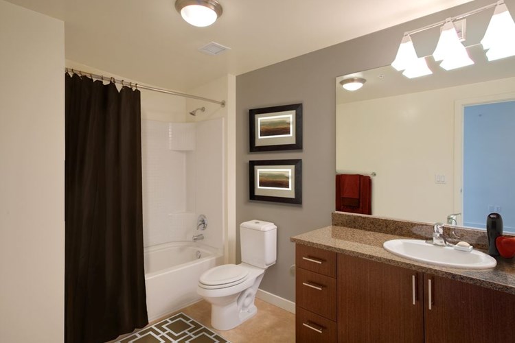 Classic Package I bath with brown speckled granite countertops, espresso cabinetry, and hard surface flooring