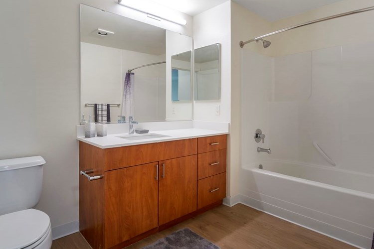 Newly renovated Finish Package II bath with white quartz countertops, cherry cabinetry, and hard surface flooring