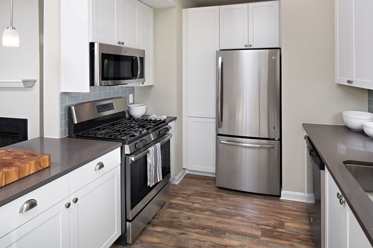 Kitchen with Stainless Steel Appliances and Quarts Countertops