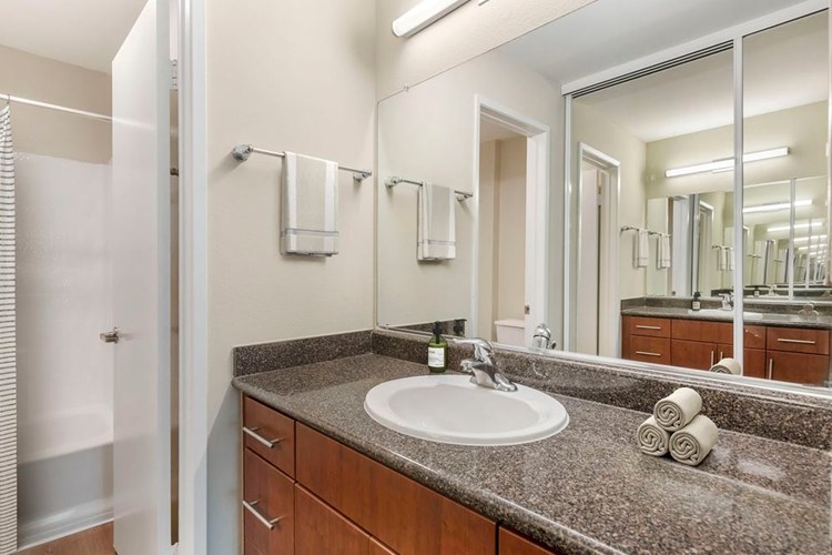 Classic Package II bath with grey speckled granite countertops, chestnut cabinetry, and hard surface flooring