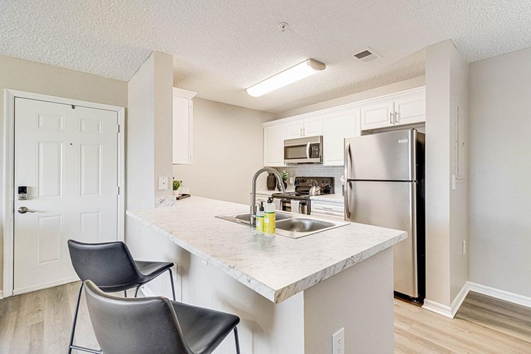 Modern kitchens featuring wood-style flooring, pristine white cabinets and stainless-steel appliances.