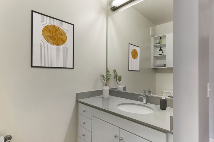 Renovated Package I bath with dark quartz countertops, white cabinetry, and hard surface flooring